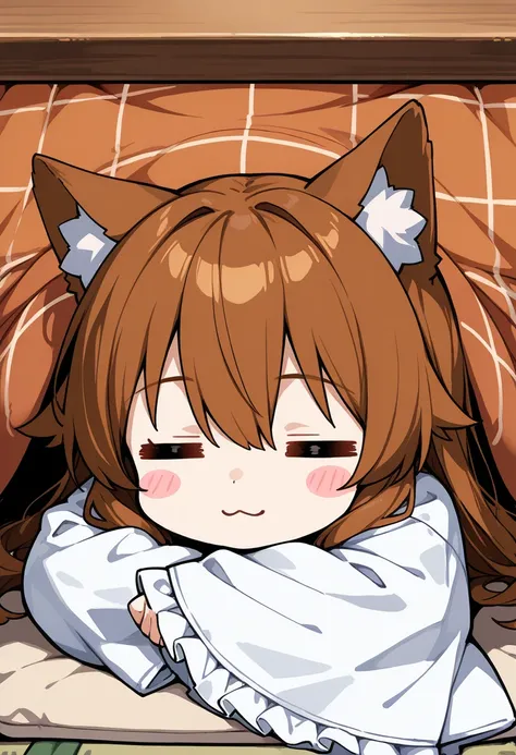 1girl, animal ears, wolf ears, long hair, closed eyes, brown hair, :3, blush stickers, hair between eyes, wide sleeves, long sleeves, dress, frilled sleeves, sleeves past wrists, white dress, solo, sleeping, kotatsu, table, closed mouth, =_=, under table, ...