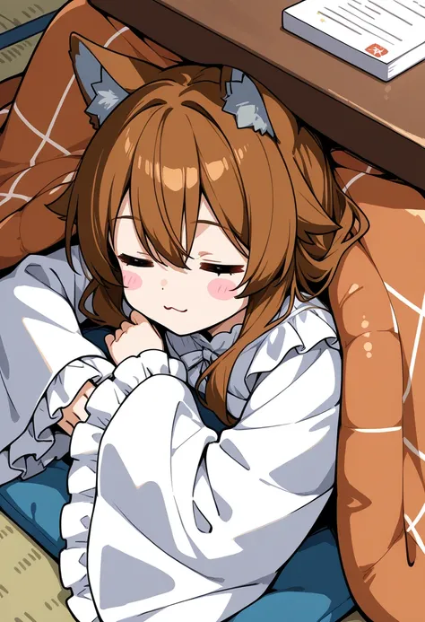 1girl, animal ears, wolf ears, long hair, closed eyes, brown hair, :3, blush stickers, hair between eyes, wide sleeves, long sleeves, dress, frilled sleeves, sleeves past wrists, white dress, solo, sleeping, kotatsu, table, closed mouth, =_=, under table, ...