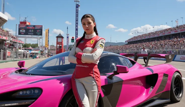 Generate a full body and high resolution of a vivid scene featuring a young female racer confidently standing next to her sleek Mclaren Senna. She is dressed in a stylish racing suit that reflects her personality, showcasing her determination and passion f...