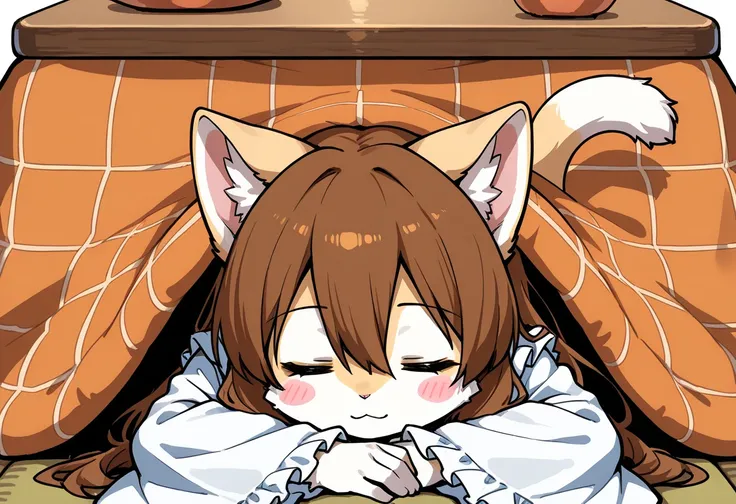 2girls, (furry, kemono:1.4), cat girl, animal nose, cat ears, cat tail, long hair, closed eyes, brown hair, :3, blush stickers, hair between eyes, wide sleeves, long sleeves, dress, frilled sleeves, sleeves past wrists, white dress, solo, sleeping, kotatsu...