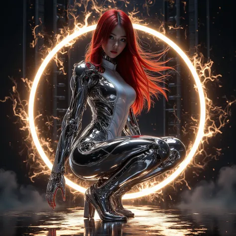 In a breathtaking 8K wallpaper, a stunning Korean woman, with chrome reflective android body and heels, crouches on one knee within a circle of ginger light, her beautiful face staring directly at the viewer. Her long red self-luminescent hair gently float...