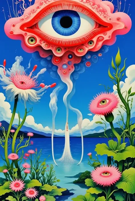 Monsters。It has one eye。Long legs。Standing on the sea。Alien Creatures。外星Monsters。 The bright colors 。Clouds。