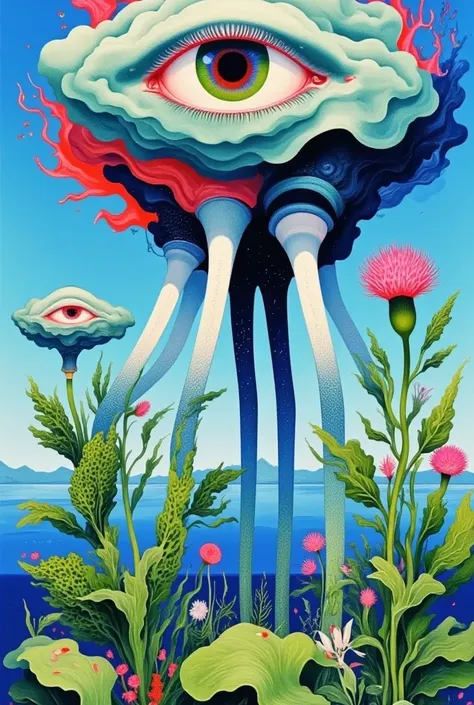 Monsters。It has one eye。Long legs。Standing on the sea。Alien Creatures。外星Monsters。 The bright colors 。Clouds。