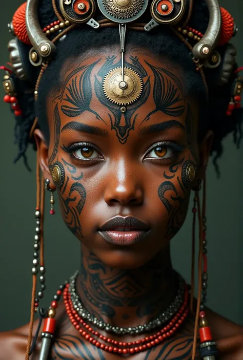 A detailed portrait of a woman with intricate tribal face and body art, augmented with futuristic, mechanical embellishments. Hyperrealistic, close-up. Deep, rich, muted colors like dark browns, golds, deep reds, greys, and blacks. Woman is of dark complex...