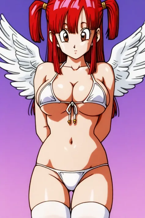 score_9, score_8_up, score_7_up, score_6_up, score_5_up, score_4_up, erika kuramoto, twintails, red hair, two side up, brown eyes, hair between eyes, perky breast,cleavage, swimsuit, white bikini, bikini, wings, front-tie top, micro bikini, thighhighs, nav...