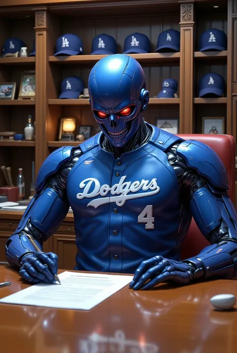 This is a highly detailed CGI image featuring a robotic version of a baseball player, specifically a pitcher, dressed in a blue Los Angeles Dodgers uniform. The robot's body is metallic, with a sleek, polished finish, and its head is a menacing, skull-like...