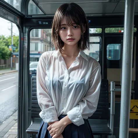 very cute face, bob cut, white skin, perfect face, big breasts, perfect anatomy, masterpiece, best quality, 8k, from front, Traveling, (White Cat), (uniform wet from rain:1.2), (white shirt, ロング丈サロペットスカート), shirt showing through to reveal bra, white pantie...