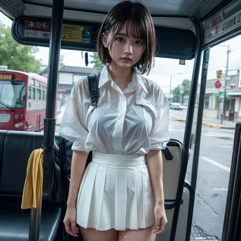 very cute face, bob cut, white skin, perfect face, big breasts, perfect anatomy, masterpiece, best quality, 8k, from front, Traveling, ((White Cat)), (uniform wet from rain:1.2), (white shirt, Long overall skirt), shirt showing through to reveal bra, white...