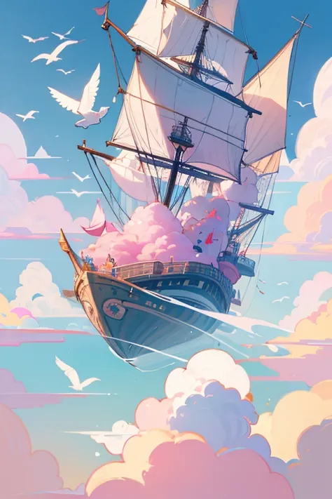 A whimsical airship shaped like a giant floating teapot, with cute animal passengers peeking out from the windows. The ship sails through a pastel-colored sky dotted with fluffy clouds and cheerful birds.