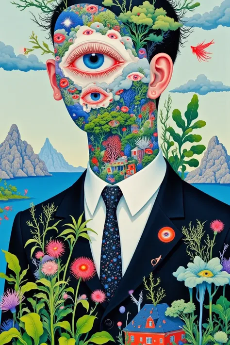  in a suit 、 illustration of a man with clouds and eyes , Pedro Pedraja 的一幅 Surrealism画作 , 流行 -  Surrealism,  Surrealism, Surreal Portrait , Surreal design , Jeff Soto's Style 