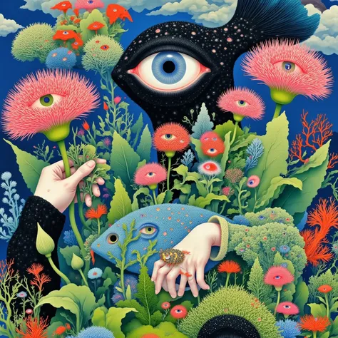 Draw a fish tank with fish and 3 eyes,  Psychedelic illustration ,  psychedelic surreal art , japanese  pop surrealism, 日本 pop surrealism, Detailed Dreams,  pop surrealism lowbrow art style, Pop-Surrealism,  Otherworldly visual effects ,  pop surrealism ar...