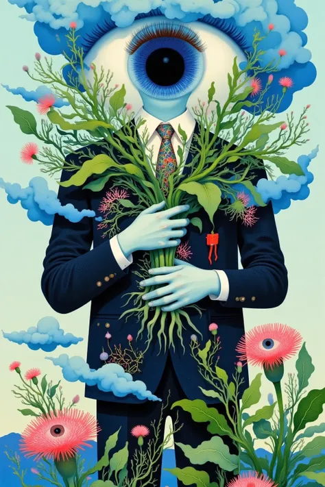  in a suit 、 illustration of a man with clouds and eyes , Pedro Pedraja 的一幅 Surrealism画作 ,  Behance Contest, 流行 Surrealism,  surreal illustration ,  Psychedelic illustration ,  psychedelic surreal art , 流行 Surrealism lowbrow art style, 梦幻 Surrealism, 流行 - ...