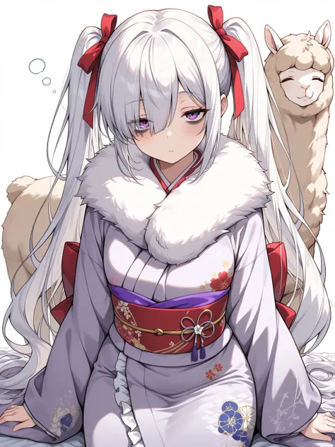 1girl, white hair, very long hair, twintails, purple eyes, hair ribbon, looking at viewer, sleepy, bags under eyes, closed eyes, (fur-trimmed kimono, frills, hair ribbon), alpaca, dynamic pose, dynamic angle,, (masterpiece, best quality, extremely detailed...