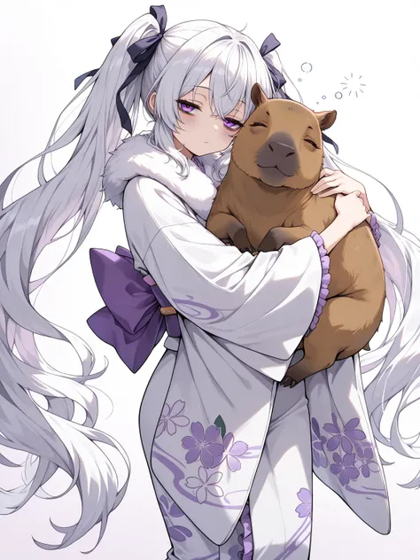 1girl, white hair, very long hair, twintails, purple eyes, hair ribbon, looking at viewer, sleepy, bags under eyes, closed eyes, (fur-trimmed kimono,  white shade lilac kimono, frills, hair ribbon), capybara, animal hug, dynamic pose, dynamic angle,, (mast...