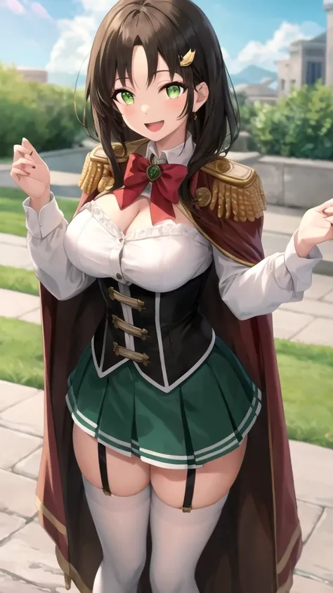 masterpiece, best quality, high quality, girl, solo, looking at viewer, rudeus_greyrat, large breasts, feather hair ornament, black hair ribbon, white shirt, corset, green skirt, cleavage cutout, shoulder cutout, long sleeves, red cape, epaulettes, red bow...