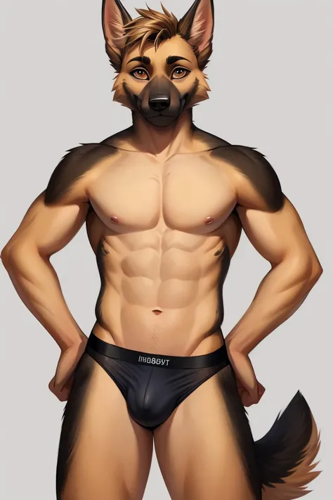 ((18, cute, furry, german shepherd boy femboy wearing thin, low panties with a bulge, topless, best quality)) ((hands near crotch)) ((exposed hips)) 