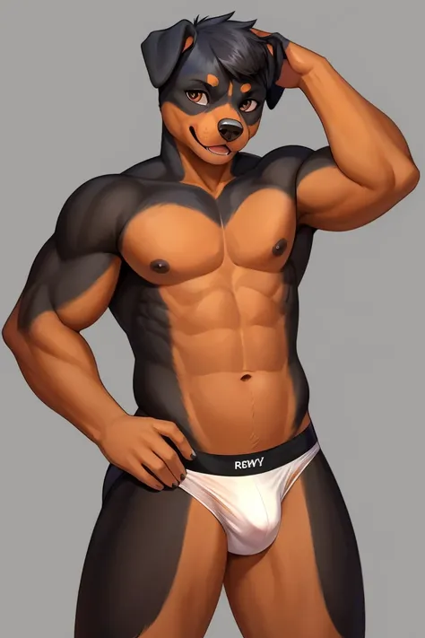 ((18, cute, furry, rottweiler boy femboy wearing thin, low panties with a bulge, topless, best quality)) ((hands near crotch)) ((exposed hips)) 