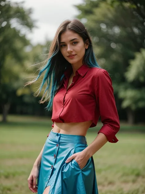 Mature 20 year old woman, (((perfect anatomy))), detailed, bright blue messy long hair, blue eyebrows, muscular, alone, small breasts, necklace, (red 1 high heels), (((red 1 luxury long button up shirt: 1.1))), (((red 1 luxury skirt: 1. 2))), tanned superm...