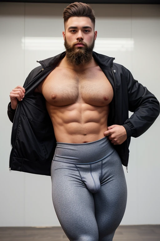 Young man having, long legs, thick thighs, wide hips, thin and narrow weist, wearing sports crop top and unzipped jacket, leggings, penis bulge, hot male, very large wide hips, thin and narrow weist, big large feminine breasts, young man, bearded man, youn...