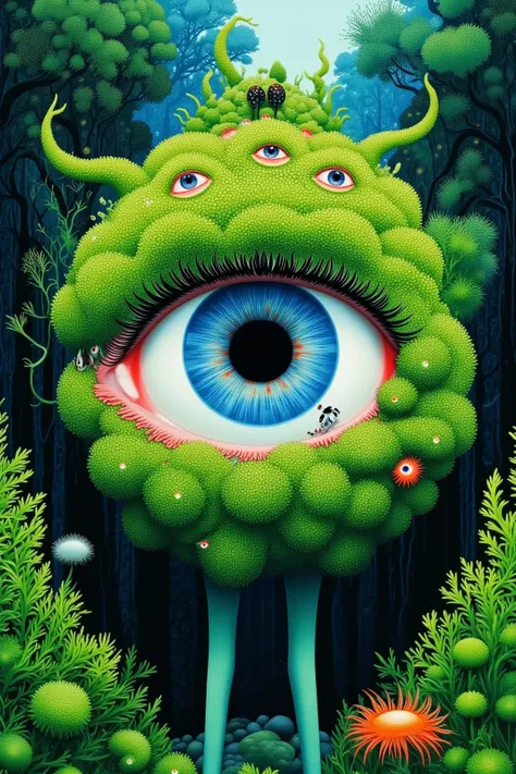 Create an image ，The content of the image is ： An eyeball surrounded by green moss ， The background is a beautiful dense jungle ， eyes gazing at the reflection of the jungle on the lens of the eyeball