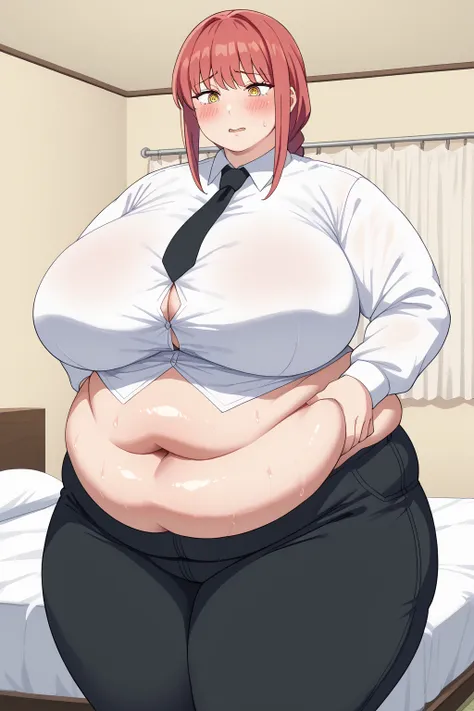 Makima, Makima,  long hair、bangs、 Long Sleeve, yellow eyes,  white shirt、Red Hair, collared shirt、 black pants 、 black tie,gigantic breasts,enormous breasts,belly cleavage,Sloppy belly fat, I'm sweating a lot,bedroom, troubled expression, embarrassed expre...