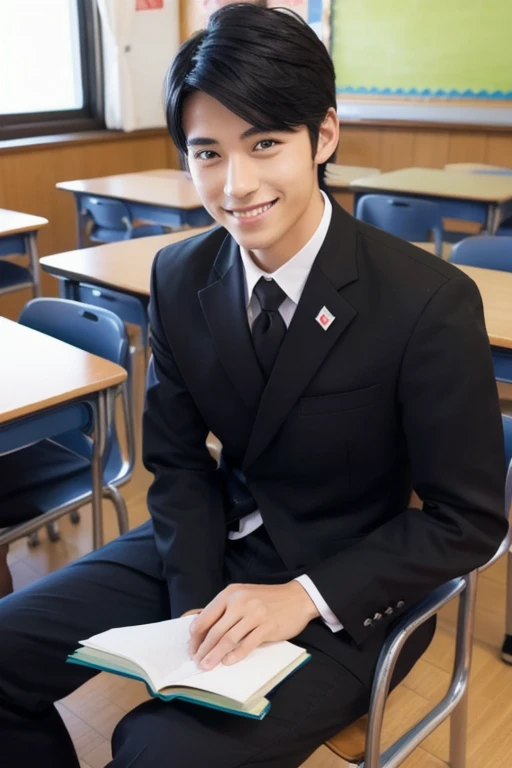 Japan、male、 handsome、cool、smile、 black hair、 sidecut、uniform、Take a seat、I'm reading a book

Location → Classroom 