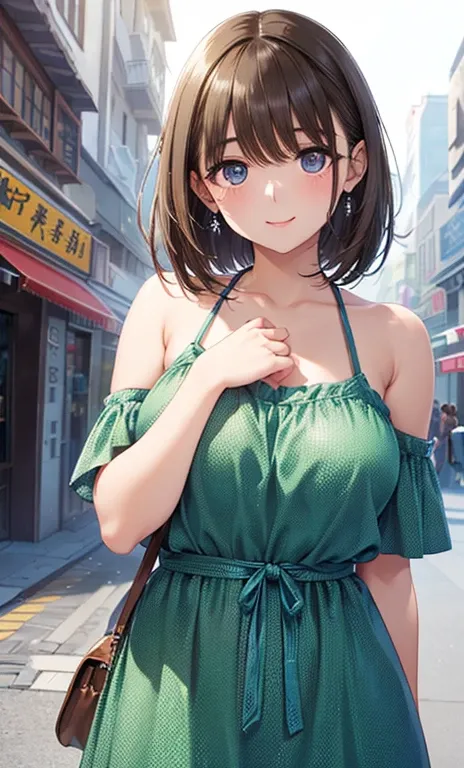 ((((Pixel Perfect, Perfect in every detail))), alone, One girl, ,, big , green top,Exposing shoulders, View your viewers, smile, , (Upper Body , Lower Body Front: 1.3 ), Are standing, In the city 、anegasaki nene、Shiny brown hair, short hair, (Beautiful bro...