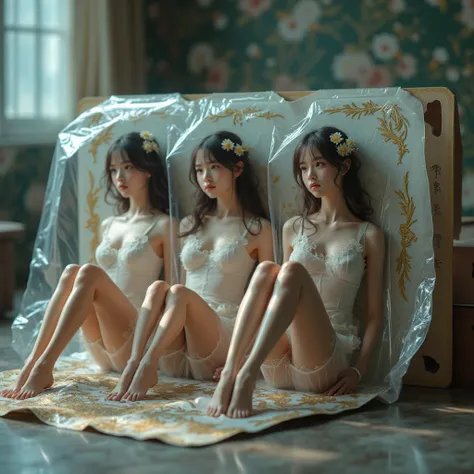 Leggy Real Girls in Blister Package. Beautiful Girls Trapped in Blister Package on Decorative Cardboard with instructions, LifeLike Live-Action, Bearfoot, Beautiful Reflective Eyes, Innocence, FlowerHairpin, Open Cleavage from ExtremeAngle, SpecularReflect...