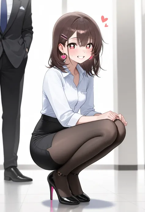 masterpiece,  best quality , 8k,  RAW photo、 small breasts 、 heart-shaped light in the eye、 dark brown medium hair、 hairpin、Man in suit、((Girl Faces Man ))、 mouths、((Embarrassing 、 happy expression))、Kyun pose 、  Thin Thighs 、 black high heels 、 heart earr...