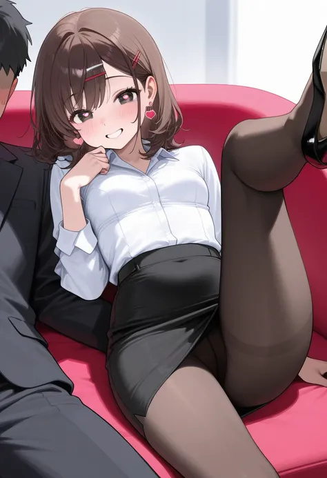 masterpiece,  best quality , 8k,  RAW photo、 small breasts 、 heart-shaped light in the eye、 dark brown medium hair、 hairpin、Man in suit、((Girl Faces Man ))、 mouths、((Embarrassing 、 happy expression))、Kyun pose 、  Thin Thighs 、 black high heels 、 heart earr...