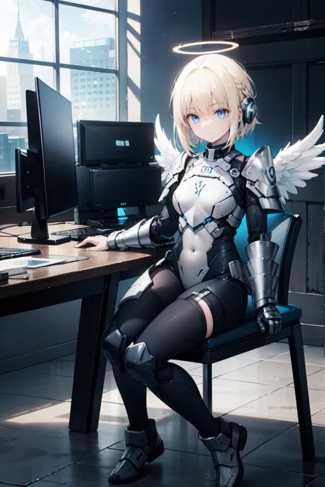   Very detailed ,    masterpiece  ,      are of the highest quality , ,      with a soft smile  , Smile gently,   indoor， sci-fi style command room ，window，window外是太空， sit on a chair，Looking out of the computer 、 blue eyes,   long hair , blond,   bangs, Ha...