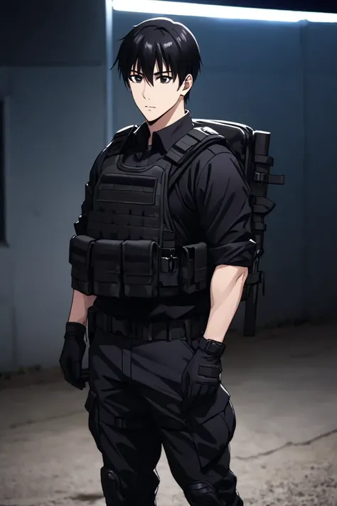  A Young Man, Black hair. black eyes ,I bet,high,remarkable musculature ,black tactical shirt , black tactical pants,black tactical gloves,tactical boots, bulletproof vest ,black military backpack,At night at a military base 