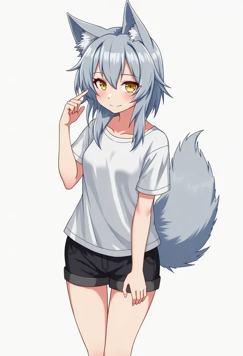 appearance:  Yuki is a striking werewolf with stunning silver hair ,  golden eyes and a slim, athletic build .  Her wolf ears move ,  and a fluffy tail flutters behind her . . She is approximately 5 feet 5 inches tall and has a lean, toned physique.Clothes...