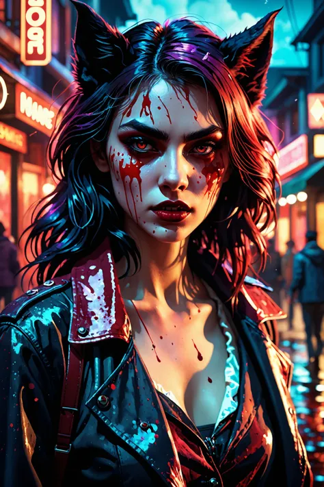 Detailed portrayal of a malevolent young perfectly woman werewolf in Vampire: The Masquerade setting; sinister aura, mystical, crimson shade, ominous sorcery splatter, Gothic, pastel tetradic hues, mastearpiece photographer artwork, endearing and peculiar,...