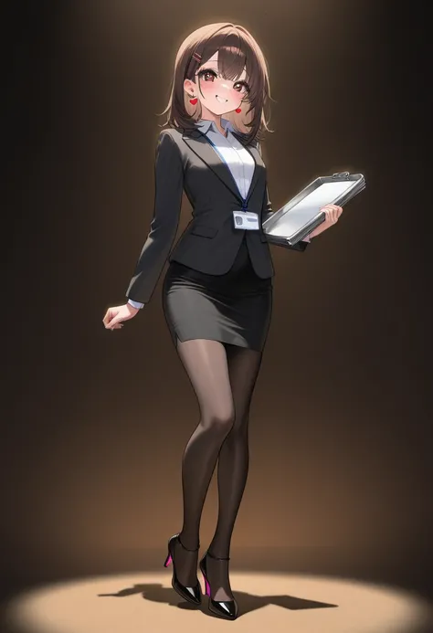 masterpiece,  best quality , 8k,  RAW photo、 small breasts 、 heart-shaped light in the eye、 dark brown medium hair、 hairpin、Man in suit、((holding a binder in hand))、 mouths、((Embarrassing 、 happy expression))、 sexy pose、  Thin Thighs 、 black high heels 、 h...