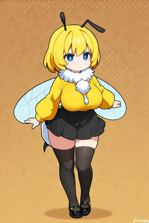 bee girl.  Short fluffy yellow hair .  blue eyes. light skin. bee wings.  bee antennae .  big breast.  Breasts.  Chompa with yellow and black lines .  Long stockings with yellow and black lines.  black shoes.  short black skirt .  farm background . White f...