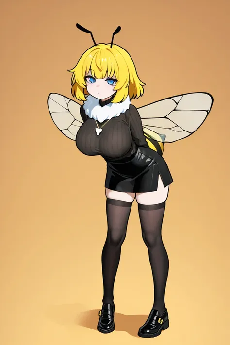 bee girl.  Short fluffy yellow hair .  blue eyes. light skin. bee wings.  bee antennae .  big breast.  Breasts.  Chompa with yellow and black lines .  Long stockings with yellow and black lines.  black shoes.  short black skirt .  White fluffy necklace  