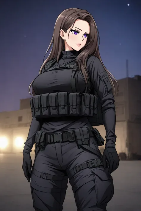 Make a woman ,Long brown hair, purple eyes,beautiful, big breasts,nice ass,black tactical shirt , black tactical pants,black tactical gloves,tactical boots,black military backpack,At night at a military base 