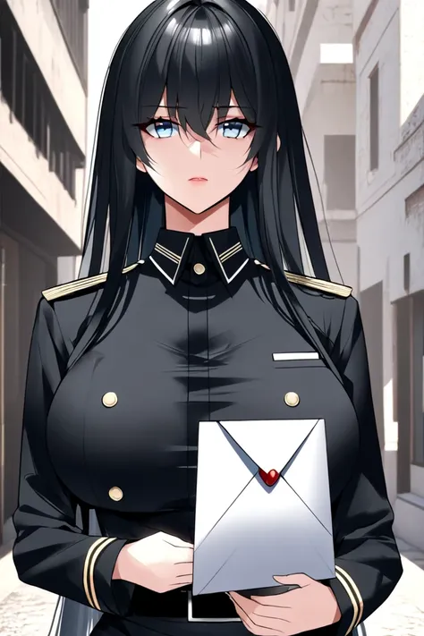  masterpiece,  envelopes,  amazing quality,  very aesthetic , absurdities,  newest ,  scenography , 1 girl, Alone ,  huge breasts , hair between the eyes ,  black eyes ,  wide hair, Greyish black hair, Blue eyes,  military uniform ,  black jacket ,  long s...