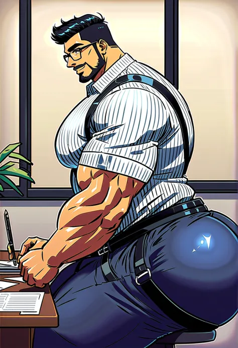 4k,  masterpiece,  High resolution:1.2,  a man, Alone , only, muscular,  great physics , brush haircut , facial hair, chest,  wide shoulders ,  Big Biceps ,  big thighs,  large triceps ,  big butt, cabello negro,  charming smile, friendly, standing in an o...