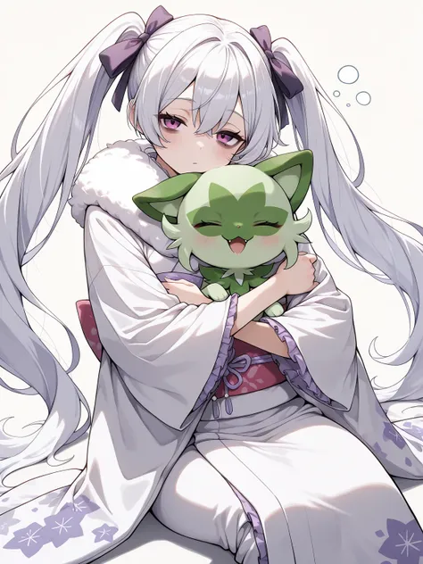 1girl, white hair, very long hair, twintails, purple eyes, hair ribbon, looking at viewer, sleepy, bags under eyes, closed eyes, (fur-trimmed kimono,  white shade lilac kimono, frills, hair ribbon), sprigatito, pokemon, animal hug, dynamic pose, dynamic an...