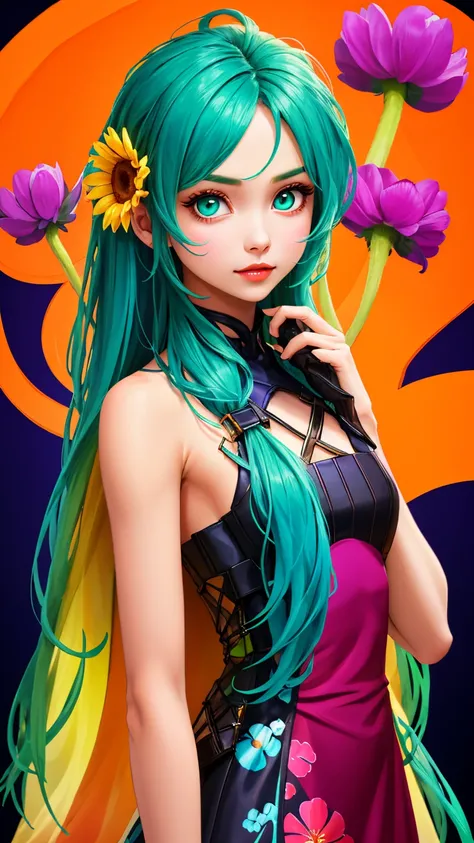 1 young cute girl, flower dress, colorful, dark background, flower armor, green theme, upper body shot,(cinematic, teal and orange:0.85), dim colors, low saturation