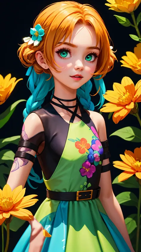 1 young cute girl, flower dress, colorful, dark background, flower armor, green theme, upper body shot,(cinematic, teal and orange:0.85), dim colors, low saturation