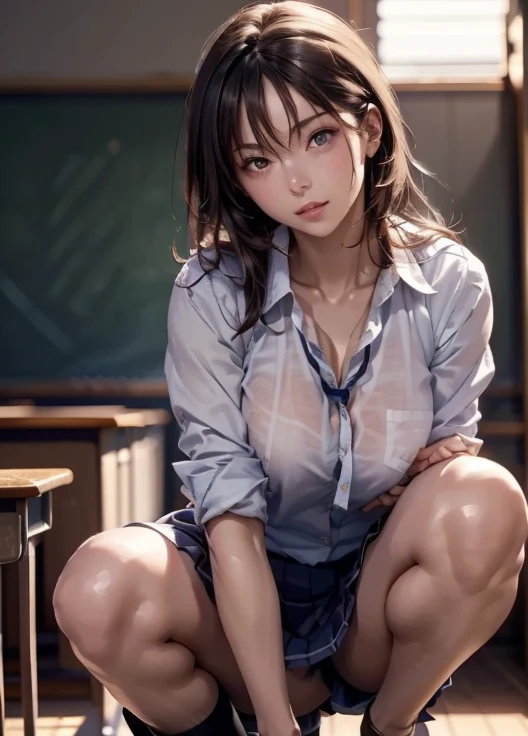 (Masterpiece:1.2,  best quality ), ( realistic, photo realistic:1.4),  character depth  , (  natural side lighting ,  movie lights), 
 stares at viewers,  1 girl,  Japanese ,  schoolgirl,  perfect face,  cute and well-groomed face ,   Shiny Skin, (((school...