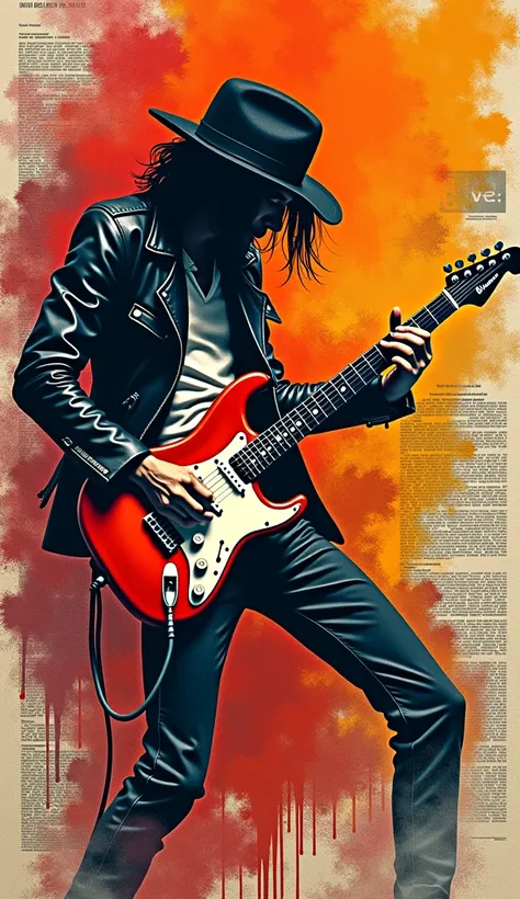  Vintage Drawing Poster,  Blending Collage ,  Electric Guitar Player , Glam Rock, Oil-based ink, Energetic , Powerful,,  musical theme ,  Newspaper Scratching , Many,  Brush Strokes ,  Molten Smoke ,  Artistic Art ,  Surrealist Photography ,  sharp,  color...