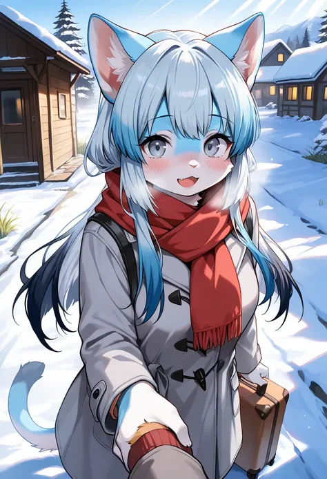 1girl, (furry, kemono:1.4), cat girl, animal nose, cat ears, cat tail, long hair, blue eyes, grey eyes, blue hair, grey hair, blush, light blue hair, sidelocks, scarf, jacket, long sleeves, looking at viewer, coat, solo, fang, grass, holding_hands, holdin_...