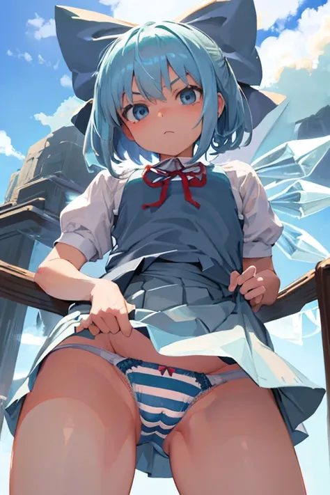 masterpiece, best quality, ultra detailed, ((gray striped panties, Cirno,)), (cowboy shot, crotch is close-up, ground-level, from below, mini skirt, from front),