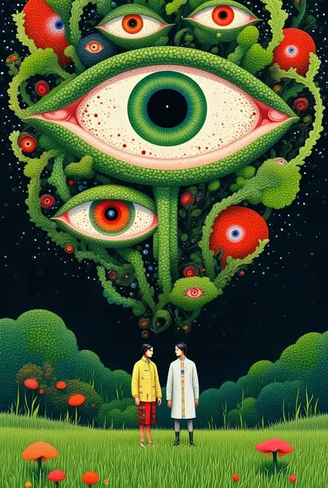  A painting of two people standing in a field with giant eyes, A surrealist painting by Hiroshi Nagai ,  Behance Contest,  pop surrealism, Three Eyes ,  brain tree-eye chalice ,  Vision of the Third Eye , Infected mushrooms , void eyeballs , have multiple ...