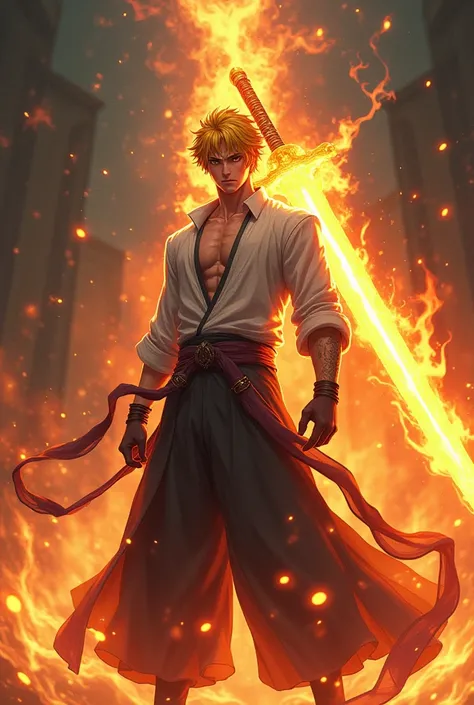 anime, short yellow hair, Sword of fire, adult male