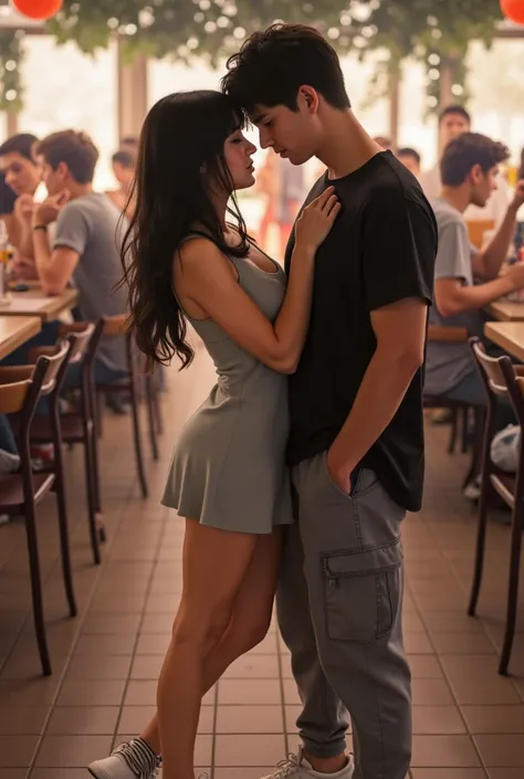  Close-up of a hugging couple , the young and beautiful woman ,  has white skin and long black hair ,  wears a light gray sports dress and white sneakers,  The man wears a black t-shirt ,  gray cargo pants and white sneakers,  they are in a public park at ...